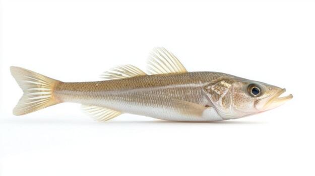 The Whiting known scientifically as Merlangius merlangus is presented in a natural position on a white background showcasing its sleek body and fine details. photo