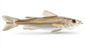 whiting fish Merlangius merlangus is showcased against a clean white backdrop emphasizing its slender body fins and distinctive coloration. photo