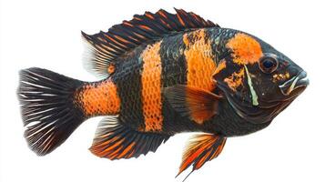 Oscar Fish displays striking orange and black stripes as it swims gracefully against a pristine white background highlighting its vibrant features and beauty. photo