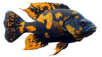 Oscar Fish displays a stunning combination of black and orange hues highlighting its unique spots as it glides through the water. Its vibrant colors make it an eye catching aquarium inhabitant. photo