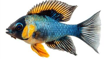 electric blue acara displays vivid blue and orange hues while swimming gracefully highlighting its intricate fin structure against a pristine white background. photo