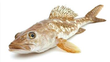 Atlantic cod Gadus morhua prominently displayed with clear details highlighting its texture colors and fin characteristics against a plain white background emphasizing its natural beauty. photo