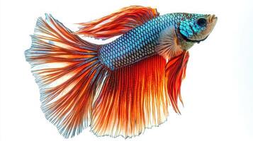 striking Betta fish showcases its stunning colors and elongated fins while swimming gracefully. The vibrant hues and intricate patterns highlight its natural beauty. photo