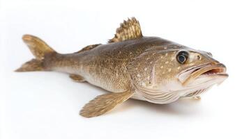 Atlantic cod scientifically known as Gadus morhua displays its characteristic features vividly against a white background emphasizing its physical details and distinct appearance. photo
