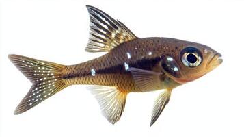 Cardinalfish belonging to the Apogonidae family displays its striking colors and unique body shape while isolated on a white backdrop highlighting its natural beauty. photo