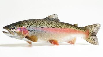 Rainbow Trout recognized for its vibrant colors and distinct patterns is presented against a plain white background emphasizing its stunning appearance and anatomical features. photo