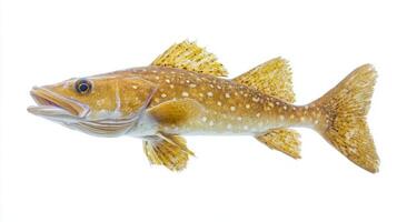 Pacific Cod known scientifically Gadus macrocephalus is presented in sharp detail emphasizing its distinct coloration and anatomical features while swimming in a clear environment. photo