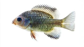 sharp portrayal of a Tilapia Oreochromis niloticus highlighting its intricate scales and vibrant colors against a clean white backdrop reflecting its aquatic beauty. photo