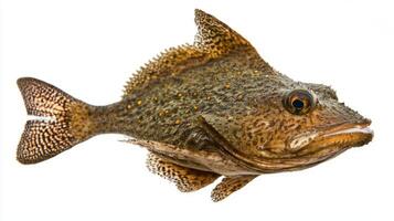 Turbot is prominently featured against a clean white background highlighting its unique body structure and coloration. This flatfish is known for its culinary value. photo