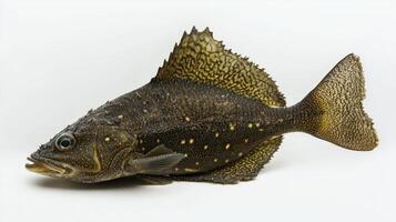 Turbot a flatfish known for its unique shape and coloration is displayed prominently against a white backdrop highlighting its scales and features. photo