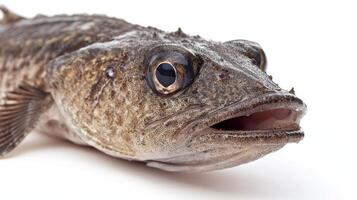Wolf Fish Anarhichas lupus displayed prominently on a white background highlighting its distinct features and texture emphasizing its unique characteristics found in aquatic habitats. photo