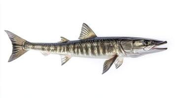 barracuda displays its distinct elongated body and sharp teeth highlighting the features that define this predatory fish species in a striking manner. photo