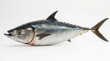 striking image highlights Bigeye Tuna Thunnus obesus emphasizing its smooth scales large eyes and streamlined body making it stand out clearly on a white background. photo