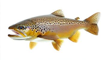 Brown Trout Salmo trutta is prominently displayed against a stark white background showcasing its unique patterns and colors a representation of aquatic biodiversity. photo