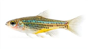striking Celestial Pearl Danio reveals its vivid colors and unique patterns swimming gracefully in a clear environment highlighting its beauty and elegance. photo