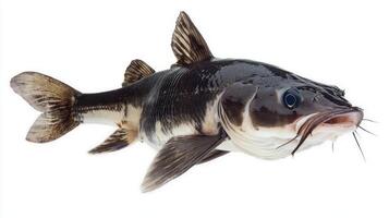 Channel Catfish or Ictalurus punctatus showcases its distinct shape and color against a white backdrop underscoring its significance in aquaculture and fisheries. photo