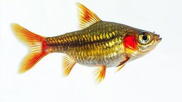 vivid Cherry Barb displays stunning colors and intricate patterns while swimming. Its bright fins and golden body highlight the beautiful characteristics of this freshwater fish. photo