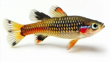 Clown Killifish displays its striking colors and unique markings against a clean white backdrop highlighting its active nature and beauty in freshwater environments. photo