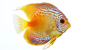 discus fish displays brilliant hues of orange and blue against a stark white backdrop highlighting its intricate patterns. Its a beautiful representation of aquatic life. photo