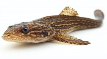 eelpout a member of the Zoarcidae family displayed against a white backdrop highlighting its unique body shape and coloration typical of this fish species. photo