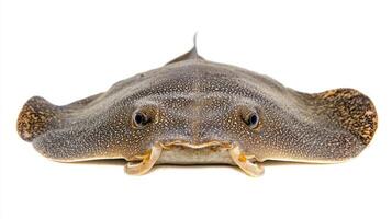 electric ray rests on a pure white surface highlighting its distinctive shape and texture. The image captures the intricate patterns and features of this fascinating marine creature. photo