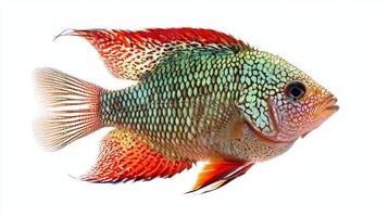 Flowerhorn Cichlid hybrid features stunning colors and intricate scale patterns making it a striking example of freshwater fish in an Aquatic setting. photo