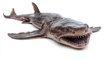 Frilled Shark known for its unusual appearance displays sharp teeth and frilled gills while resting on a clean white background highlighting its unique features. photo