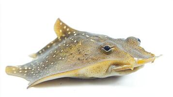 electric ray rests on a white surface revealing its distinct shape and pattern. Its smooth skin and unique coloration highlight the fascinating features of this species. photo