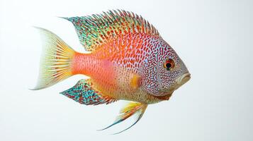 Flowerhorn Cichlid hybrid showcases its vivid colors and striking patterns while gliding through water creating a captivating aquatic moment. photo