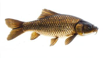 Grass Carp Ctenopharyngodon idella is prominently displayed highlighting its scales and body structure on a bright white background creating a striking visual contrast. photo