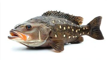 Grouper swims gracefully highlighting its distinctive markings and vibrant coloration under clear lighting. This species is known for its robust body and unique features. photo
