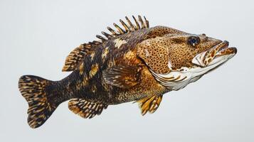 grouper from the Epinephelinae family displays its vibrant colors and unique patterns while swimming against a plain white backdrop highlighting its beauty. photo