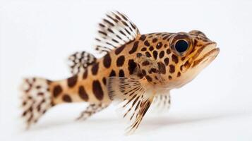Leopard Bushfish known for its distinct markings swims gracefully against a clean white backdrop highlighting its vibrant colors and unique features. photo