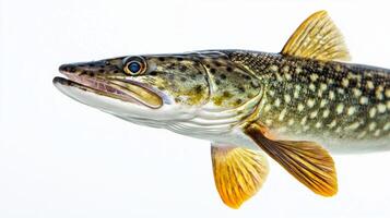 striking portrayal features a pike exhibiting its elongated body sharp teeth and vivid markings. The fish is suspended against a clean white backdrop emphasizing its unique traits. photo