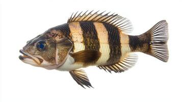 Sheepshead fish known scientifically as Archosargus probatocephalus displays distinct black and white stripes vividly against a white backdrop highlighting its features. photo