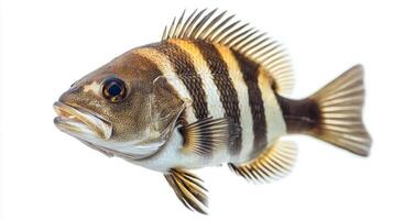 Sheepshead fish known scientifically as Archosargus probatocephalus is captured in sharp detail showcasing its distinctive stripes and robust features against a white backdrop. photo