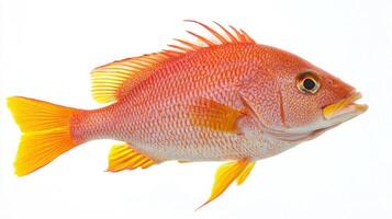 striking Vermilion Snapper displays its vivid hues while positioned on a clean white surface highlighting its natural beauty and unique features. photo