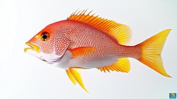 vibrant Vermilion Snapper displays its striking red and yellow hues against a crisp white backdrop highlighting its unique features and beauty. photo