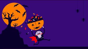 animado ilustração do fofa Drácula corrida trazer uma ou do doces em jack o lanterna. adequado para dia das Bruxas fundo evento. video