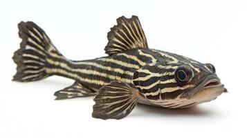 Zebra Pleco known for distinct black and white stripes rests comfortably on a clean white surface highlighting its unique aquatic features and vibrant colors. photo