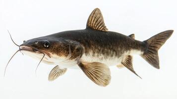 Wels Catfish known scientifically Silurus glanis displays its distinctive features and graceful form in sharp detail on a white background highlighting its aquatic beauty. photo