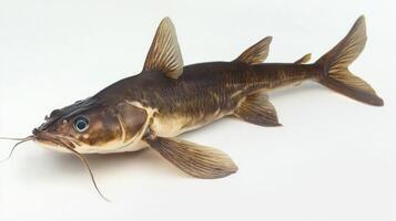 Wels catfish is displayed prominently highlighting its elongated body and barbels which are characteristic of the species. The setting emphasizes its unique features. photo