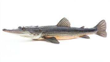 alligator gar a large freshwater fish displays its elongated body and distinctive snout. Captured in sharp detail this specimen highlights its striking coloration and scales. photo