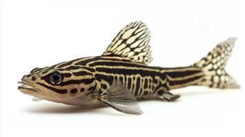 zebra pleco showcases its striking striped pattern while floating elegantly against a clean white backdrop revealing its unique body shape and fins. photo