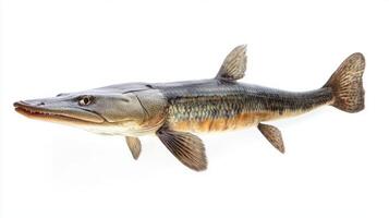 sharp representation features an Alligator Gar highlighting its elongated body and unique coloration captured against a plain white backdrop. photo