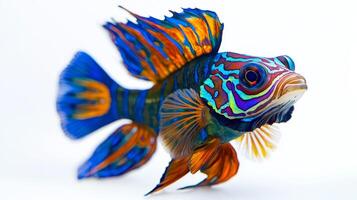 Mandarin Fish swims elegantly displaying its vivid colors and unique patterns against a pure white backdrop capturing the essence of marine beauty. photo