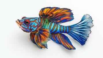 stunning Mandarin Fish showcases its vibrant colors and intricate patterns while swimming against a pristine white background highlighting its natural beauty. photo
