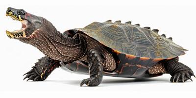 rugged alligator snapping turtle is positioned stationary against a stark white background with its mouth agape showcasing its unique features in striking light. photo