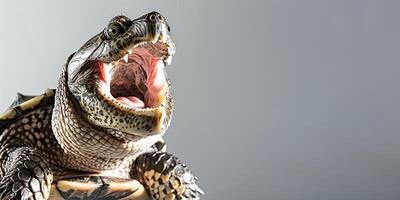 stationary alligator snapping turtle displays its rugged shell and open mouth captured in dramatic overhead lighting emphasizing its unique features against a white background. photo
