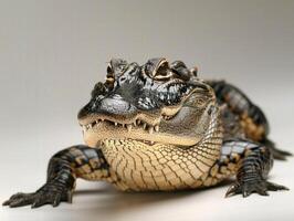 American Alligator exhibits its rough skin and sharp teeth while lying down. The dramatic side lighting highlights its features against a pure white background. photo